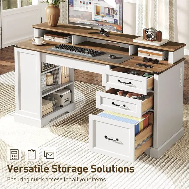 Alt view image 4 of 6 - 55'' Farmhouse Executive Desk with Drawers, Computer Desk with File Cabinet and Side Bookshelf, Writing Gaming Desk with Monitor Stand & Charging Station, White and Walnut