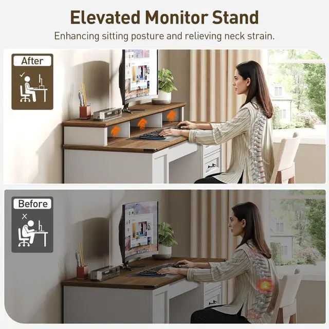 Alt view image 6 of 6 - 55'' Farmhouse Executive Desk with Drawers, Computer Desk with File Cabinet and Side Bookshelf, Writing Gaming Desk with Monitor Stand & Charging Station, White and Walnut
