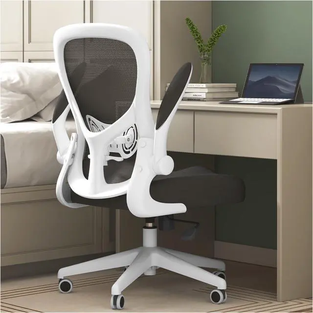 Alt view image 2 of 6 - Office Chair Ergonomic Desk Chair, Office Desk Chairs with PU Silent Wheels, Breathable Mesh Computer Chair with Adjustable Lumbar Support, Flip-up Armrests, Tilt Function, White