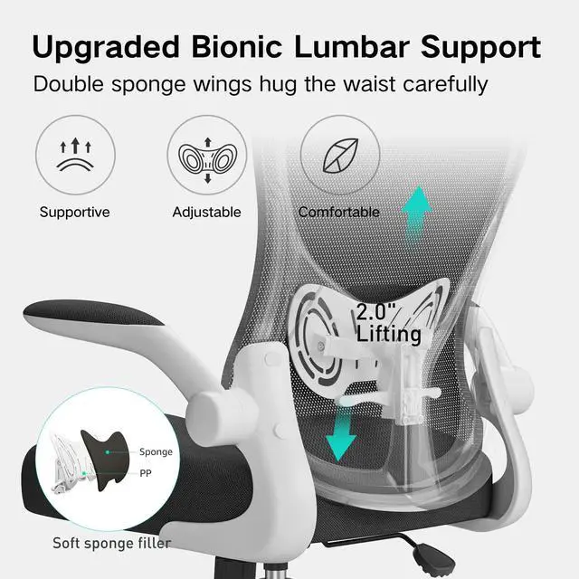 Alt view image 4 of 6 - Office Chair Ergonomic Desk Chair, Office Desk Chairs with PU Silent Wheels, Breathable Mesh Computer Chair with Adjustable Lumbar Support, Flip-up Armrests, Tilt Function, White