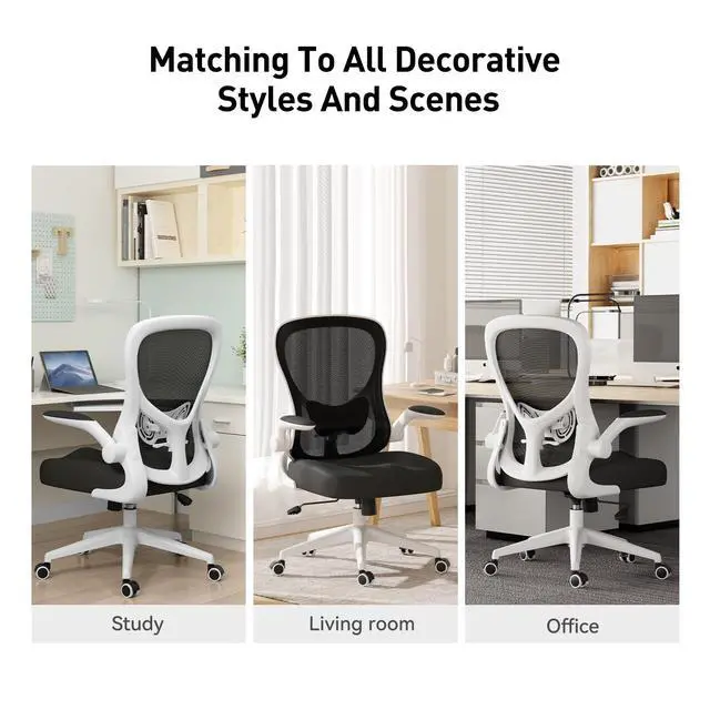 Alt view image 6 of 6 - Office Chair Ergonomic Desk Chair, Office Desk Chairs with PU Silent Wheels, Breathable Mesh Computer Chair with Adjustable Lumbar Support, Flip-up Armrests, Tilt Function, White