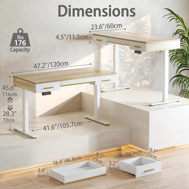 Alt view image 2 of 6 - One-Piece Top Electric Standing Desk, 47 x 24 Inch Height Adjustable Sit Stand Desk with Three Drawers for Home Office, Maple