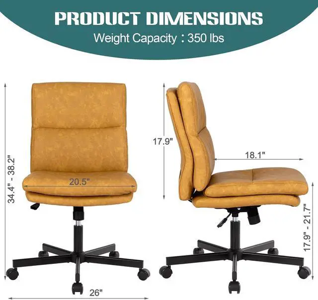 Alt view image 2 of 6 - Armless Office Desk Chair with Wheels, Double Padded PU-Leather Chairs, Mid-Back Criss Cross Swivel Task Chair, Height Adjustable Cushioned Vanity Chair for Home, Office & Bedroom (Yellow)