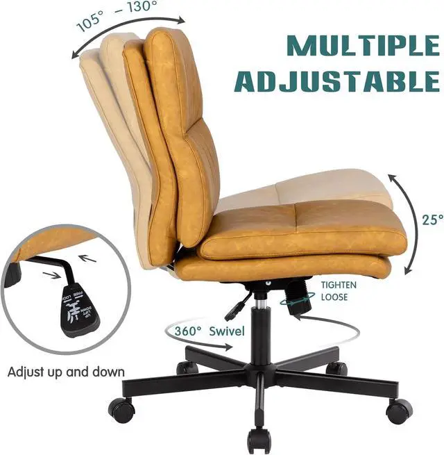 Alt view image 4 of 6 - Armless Office Desk Chair with Wheels, Double Padded PU-Leather Chairs, Mid-Back Criss Cross Swivel Task Chair, Height Adjustable Cushioned Vanity Chair for Home, Office & Bedroom (Yellow)