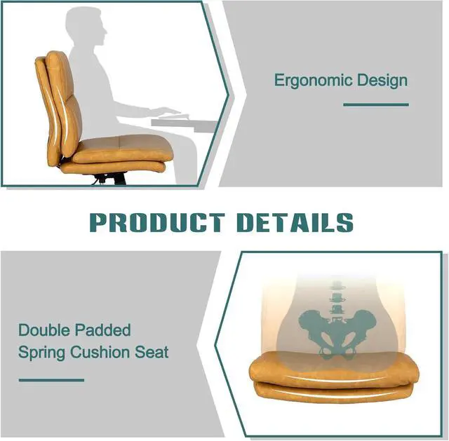 Alt view image 5 of 6 - Armless Office Desk Chair with Wheels, Double Padded PU-Leather Chairs, Mid-Back Criss Cross Swivel Task Chair, Height Adjustable Cushioned Vanity Chair for Home, Office & Bedroom (Yellow)