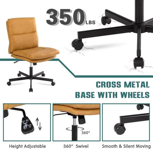 Alt view image 6 of 6 - Armless Office Desk Chair with Wheels, Double Padded PU-Leather Chairs, Mid-Back Criss Cross Swivel Task Chair, Height Adjustable Cushioned Vanity Chair for Home, Office & Bedroom (Yellow)