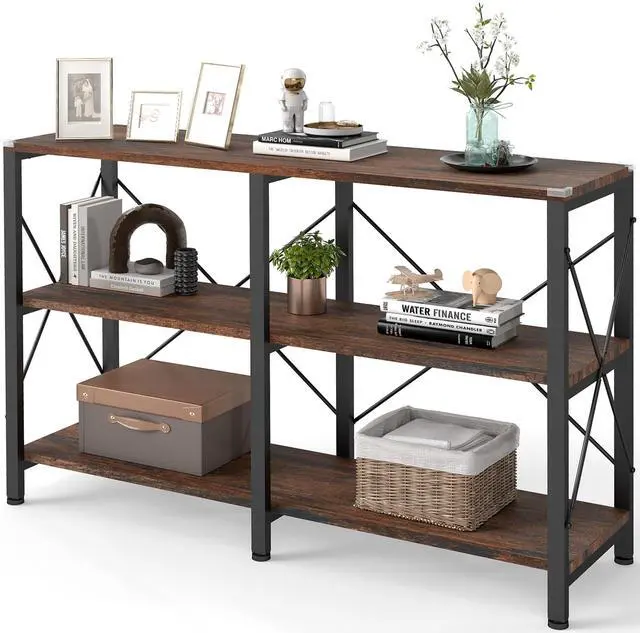 Main image of 47" 3 Tier Industrial Book Shelf, Free Standing Horizontal Low Metal Rustic Farmhouse Book Case with Wood Shelves for Home Office, Den, or Living Room Rustic Brown and Black
