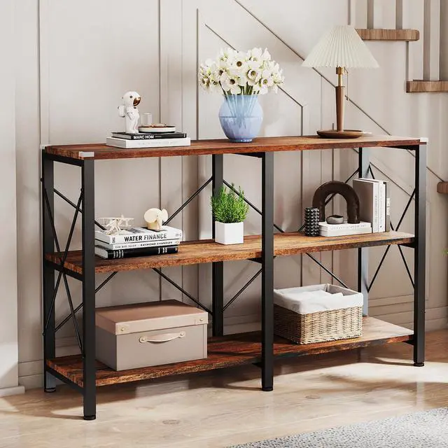 Alt view image 2 of 6 - 47" 3 Tier Industrial Book Shelf, Free Standing Horizontal Low Metal Rustic Farmhouse Book Case with Wood Shelves for Home Office, Den, or Living Room Rustic Brown and Black