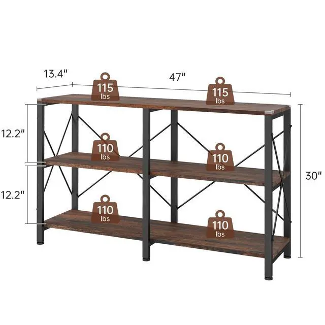Alt view image 3 of 6 - 47" 3 Tier Industrial Book Shelf, Free Standing Horizontal Low Metal Rustic Farmhouse Book Case with Wood Shelves for Home Office, Den, or Living Room Rustic Brown and Black