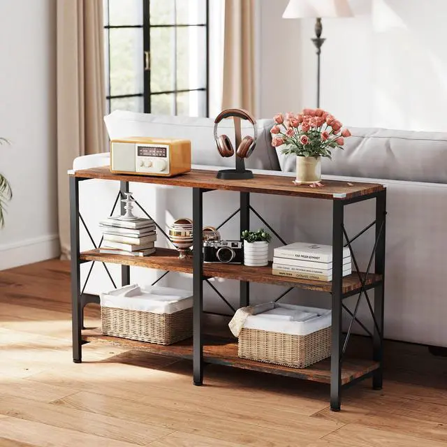 Alt view image 4 of 6 - 47" 3 Tier Industrial Book Shelf, Free Standing Horizontal Low Metal Rustic Farmhouse Book Case with Wood Shelves for Home Office, Den, or Living Room Rustic Brown and Black