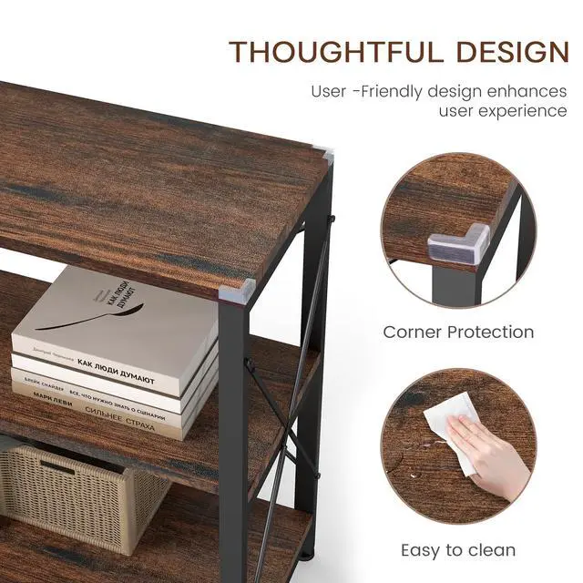 Alt view image 5 of 6 - 47" 3 Tier Industrial Book Shelf, Free Standing Horizontal Low Metal Rustic Farmhouse Book Case with Wood Shelves for Home Office, Den, or Living Room Rustic Brown and Black