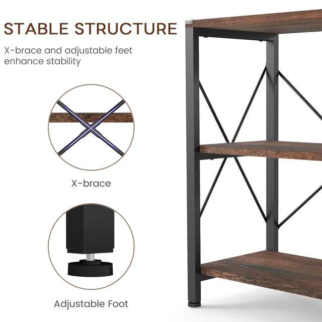 Alt view image 6 of 6 - 47" 3 Tier Industrial Book Shelf, Free Standing Horizontal Low Metal Rustic Farmhouse Book Case with Wood Shelves for Home Office, Den, or Living Room Rustic Brown and Black