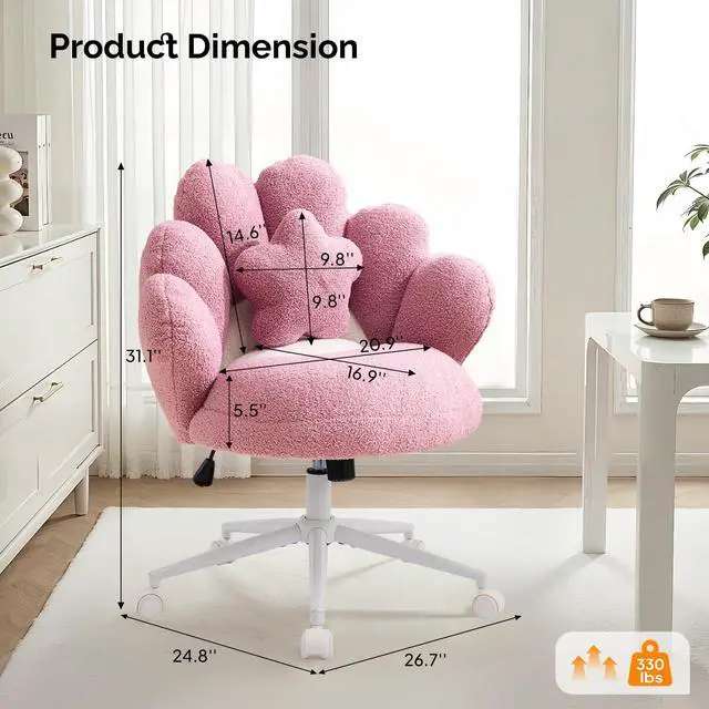 Alt view image 2 of 6 - Cute Petal Vanity Desk Chair with Star Pillow, Armless Swivel Chair in Vibrant Color-Blocking, Height Adjustable Modern Computer Task Chair for Bedroom & Home Office, Teddy Fleece,Purple