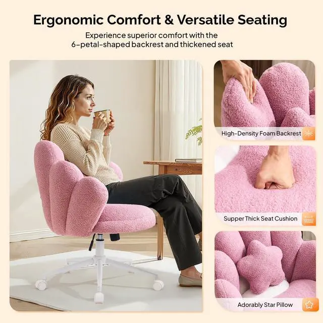 Alt view image 3 of 6 - Cute Petal Vanity Desk Chair with Star Pillow, Armless Swivel Chair in Vibrant Color-Blocking, Height Adjustable Modern Computer Task Chair for Bedroom & Home Office, Teddy Fleece,Purple