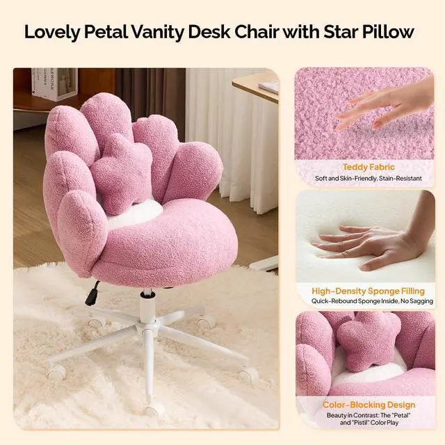 Alt view image 4 of 6 - Cute Petal Vanity Desk Chair with Star Pillow, Armless Swivel Chair in Vibrant Color-Blocking, Height Adjustable Modern Computer Task Chair for Bedroom & Home Office, Teddy Fleece,Purple
