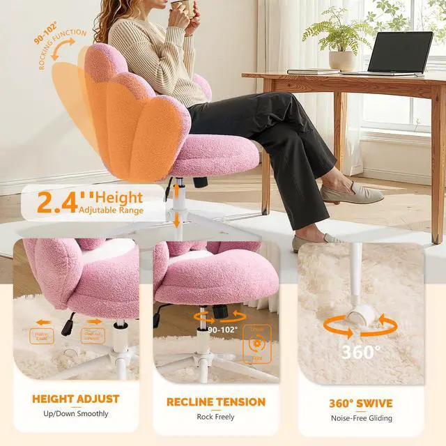 Alt view image 5 of 6 - Cute Petal Vanity Desk Chair with Star Pillow, Armless Swivel Chair in Vibrant Color-Blocking, Height Adjustable Modern Computer Task Chair for Bedroom & Home Office, Teddy Fleece,Purple