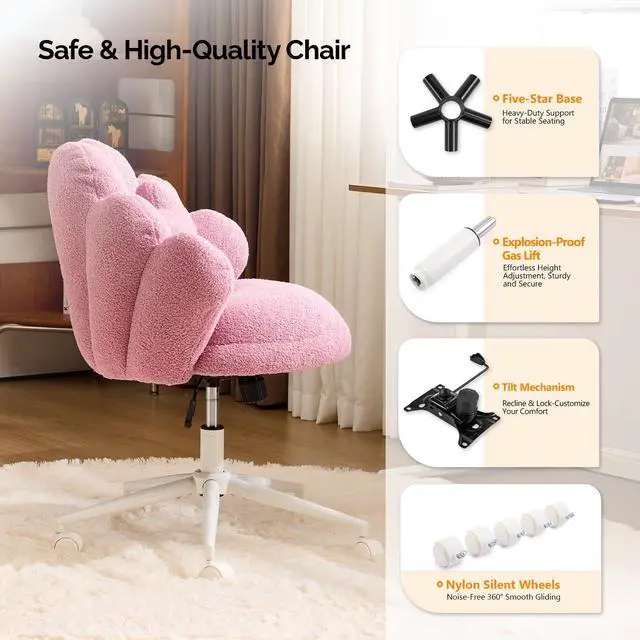 Alt view image 6 of 6 - Cute Petal Vanity Desk Chair with Star Pillow, Armless Swivel Chair in Vibrant Color-Blocking, Height Adjustable Modern Computer Task Chair for Bedroom & Home Office, Teddy Fleece,Purple