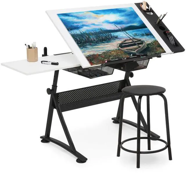 Main image of Art Deco Drafting Table, Height-Adjustable, Tiltable Tabletop, Stool for Reading Writing Painting, Homeschooling Desk for Children with 2 Storage Drawers
