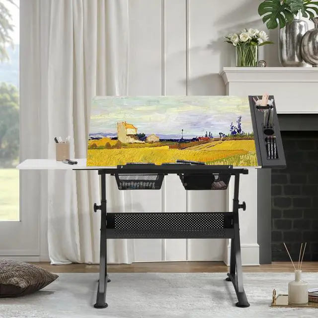 Alt view image 2 of 6 - Art Deco Drafting Table, Height-Adjustable, Tiltable Tabletop, Stool for Reading Writing Painting, Homeschooling Desk for Children with 2 Storage Drawers