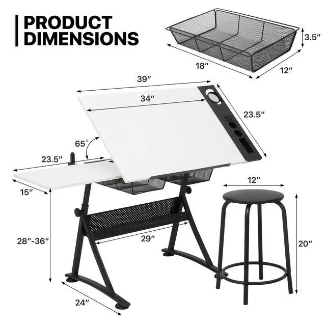 Alt view image 3 of 6 - Art Deco Drafting Table, Height-Adjustable, Tiltable Tabletop, Stool for Reading Writing Painting, Homeschooling Desk for Children with 2 Storage Drawers