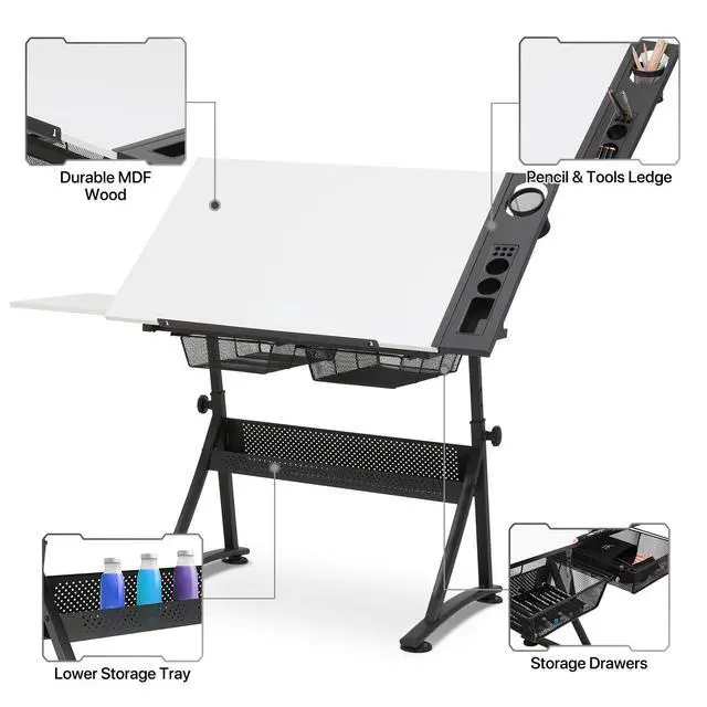 Alt view image 4 of 6 - Art Deco Drafting Table, Height-Adjustable, Tiltable Tabletop, Stool for Reading Writing Painting, Homeschooling Desk for Children with 2 Storage Drawers