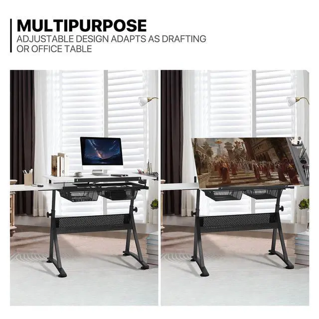 Alt view image 5 of 6 - Art Deco Drafting Table, Height-Adjustable, Tiltable Tabletop, Stool for Reading Writing Painting, Homeschooling Desk for Children with 2 Storage Drawers
