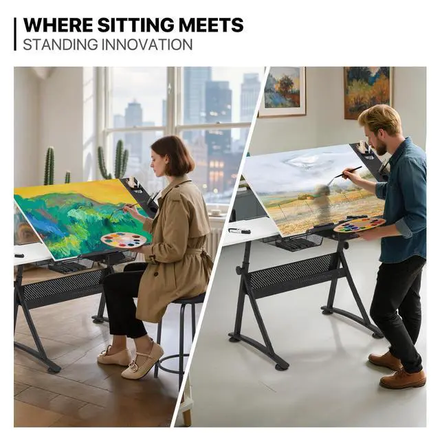 Alt view image 6 of 6 - Art Deco Drafting Table, Height-Adjustable, Tiltable Tabletop, Stool for Reading Writing Painting, Homeschooling Desk for Children with 2 Storage Drawers