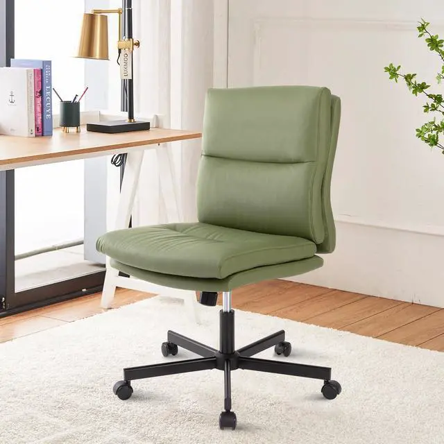 Main image of Armless Office Desk Chair with Wheels, Mid-Back Criss Cross Swivel Task Chair, Height Adjustable Cushioned Vanity Chair, Double Padded PU-Leather Chairs for Home, Office & Bedroom (Green)