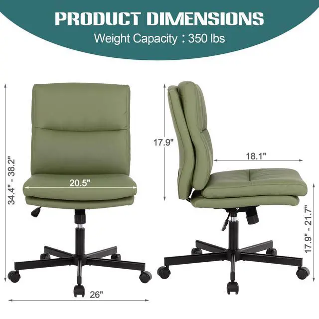 Alt view image 2 of 6 - Armless Office Desk Chair with Wheels, Mid-Back Criss Cross Swivel Task Chair, Height Adjustable Cushioned Vanity Chair, Double Padded PU-Leather Chairs for Home, Office & Bedroom (Green)