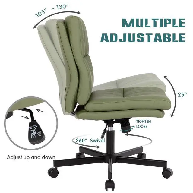 Alt view image 4 of 6 - Armless Office Desk Chair with Wheels, Mid-Back Criss Cross Swivel Task Chair, Height Adjustable Cushioned Vanity Chair, Double Padded PU-Leather Chairs for Home, Office & Bedroom (Green)