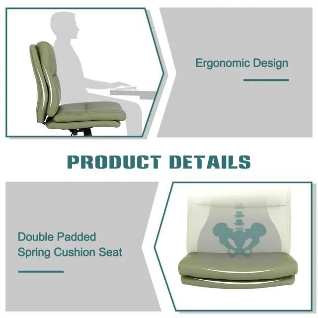 Alt view image 5 of 6 - Armless Office Desk Chair with Wheels, Mid-Back Criss Cross Swivel Task Chair, Height Adjustable Cushioned Vanity Chair, Double Padded PU-Leather Chairs for Home, Office & Bedroom (Green)