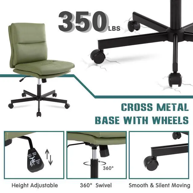Alt view image 6 of 6 - Armless Office Desk Chair with Wheels, Mid-Back Criss Cross Swivel Task Chair, Height Adjustable Cushioned Vanity Chair, Double Padded PU-Leather Chairs for Home, Office & Bedroom (Green)