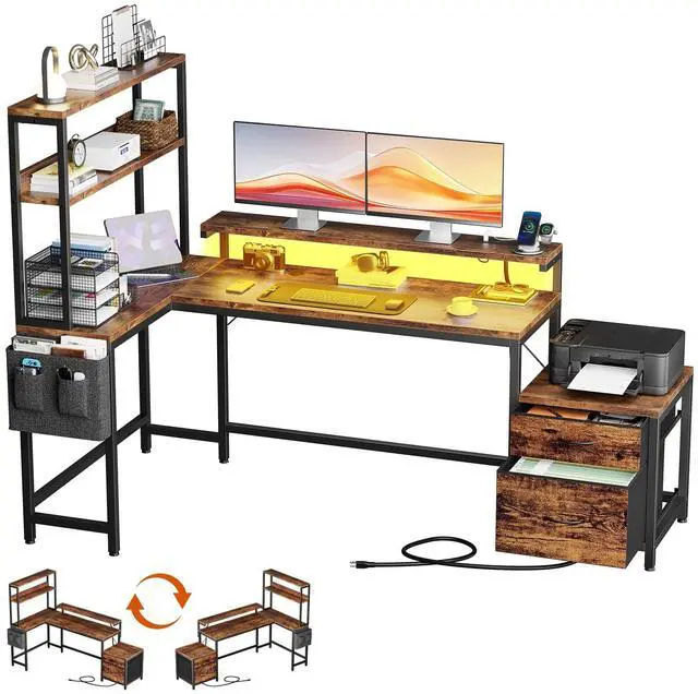 Main image of 70 Inch L Shaped Desk with File Drawers and Reversible Storage Shelves, Computer Desk with Power Outlet & LED Strip, Home Office Desks, Writing Study Desk for Bedroom, Rustic Brown
