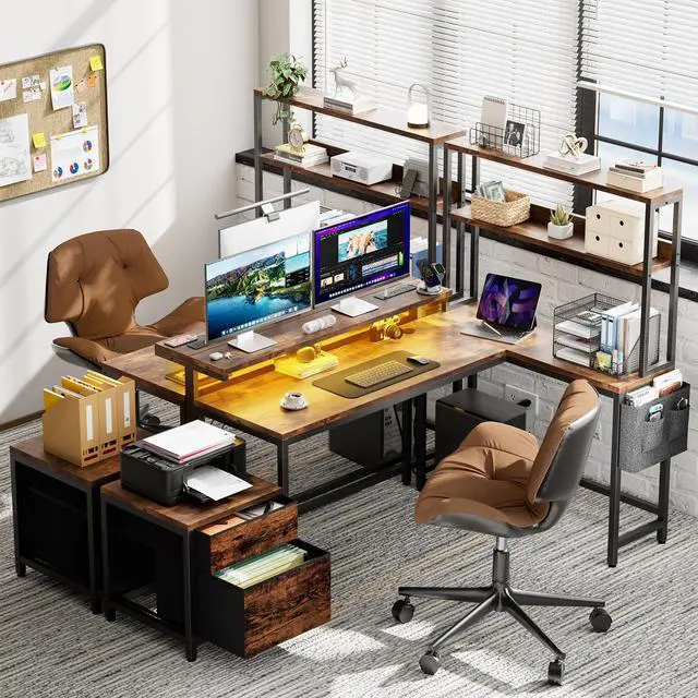 Alt view image 2 of 6 - 70 Inch L Shaped Desk with File Drawers and Reversible Storage Shelves, Computer Desk with Power Outlet & LED Strip, Home Office Desks, Writing Study Desk for Bedroom, Rustic Brown