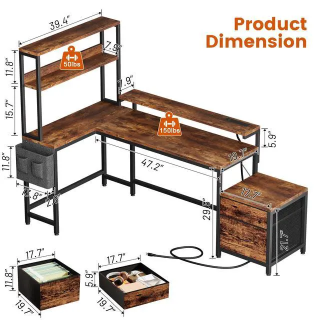 Alt view image 3 of 6 - 70 Inch L Shaped Desk with File Drawers and Reversible Storage Shelves, Computer Desk with Power Outlet & LED Strip, Home Office Desks, Writing Study Desk for Bedroom, Rustic Brown