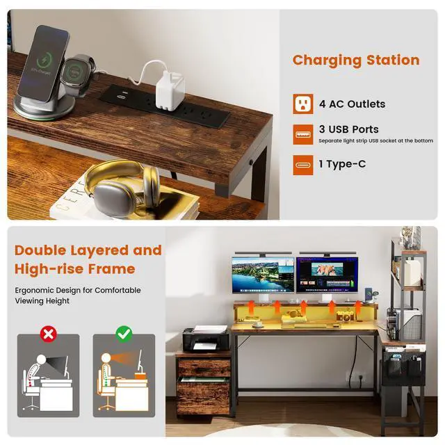 Alt view image 4 of 6 - 70 Inch L Shaped Desk with File Drawers and Reversible Storage Shelves, Computer Desk with Power Outlet & LED Strip, Home Office Desks, Writing Study Desk for Bedroom, Rustic Brown