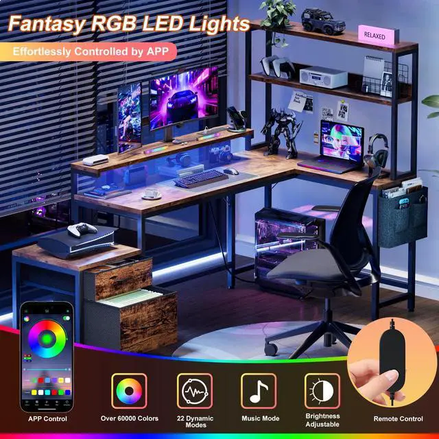 Alt view image 5 of 6 - 70 Inch L Shaped Desk with File Drawers and Reversible Storage Shelves, Computer Desk with Power Outlet & LED Strip, Home Office Desks, Writing Study Desk for Bedroom, Rustic Brown