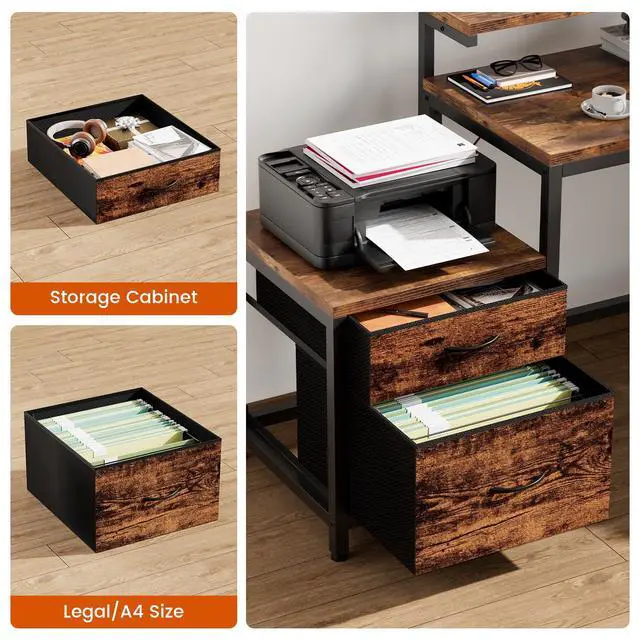 Alt view image 6 of 6 - 70 Inch L Shaped Desk with File Drawers and Reversible Storage Shelves, Computer Desk with Power Outlet & LED Strip, Home Office Desks, Writing Study Desk for Bedroom, Rustic Brown