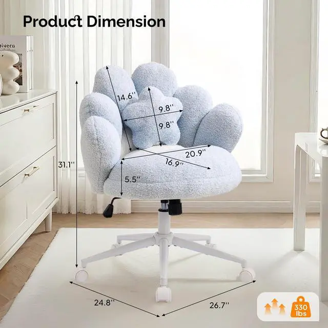 Alt view image 2 of 6 - Lovely Petal Vanity Desk Chair with Star Pillow, Height Adjustable Armless Swivel Chair in Vibrant Color-Blocking, Modern Computer Task Chair for Bedroom & Home Office, Teddy Fleece,Blue