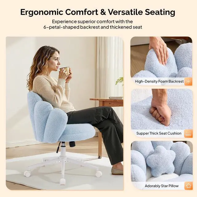 Alt view image 3 of 6 - Lovely Petal Vanity Desk Chair with Star Pillow, Height Adjustable Armless Swivel Chair in Vibrant Color-Blocking, Modern Computer Task Chair for Bedroom & Home Office, Teddy Fleece,Blue