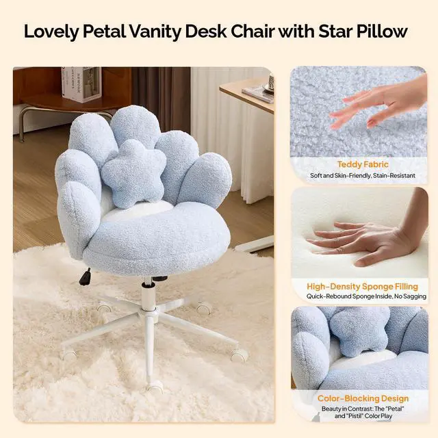 Alt view image 4 of 6 - Lovely Petal Vanity Desk Chair with Star Pillow, Height Adjustable Armless Swivel Chair in Vibrant Color-Blocking, Modern Computer Task Chair for Bedroom & Home Office, Teddy Fleece,Blue