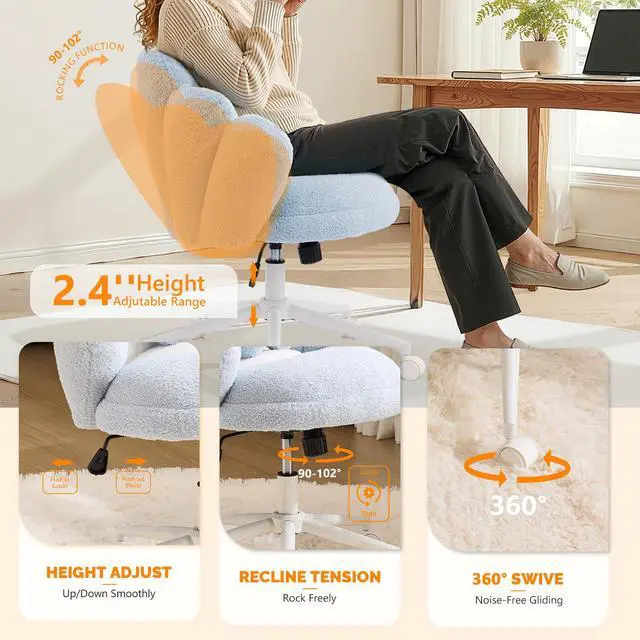 Alt view image 5 of 6 - Lovely Petal Vanity Desk Chair with Star Pillow, Height Adjustable Armless Swivel Chair in Vibrant Color-Blocking, Modern Computer Task Chair for Bedroom & Home Office, Teddy Fleece,Blue