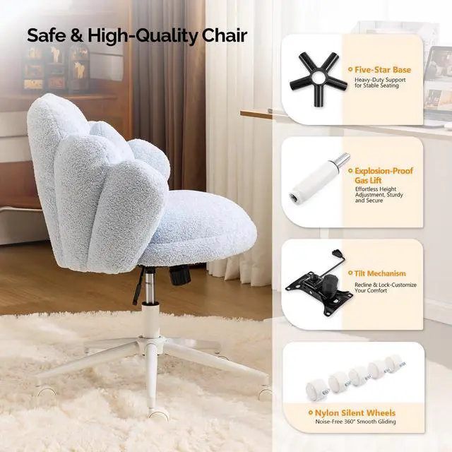 Alt view image 6 of 6 - Lovely Petal Vanity Desk Chair with Star Pillow, Height Adjustable Armless Swivel Chair in Vibrant Color-Blocking, Modern Computer Task Chair for Bedroom & Home Office, Teddy Fleece,Blue