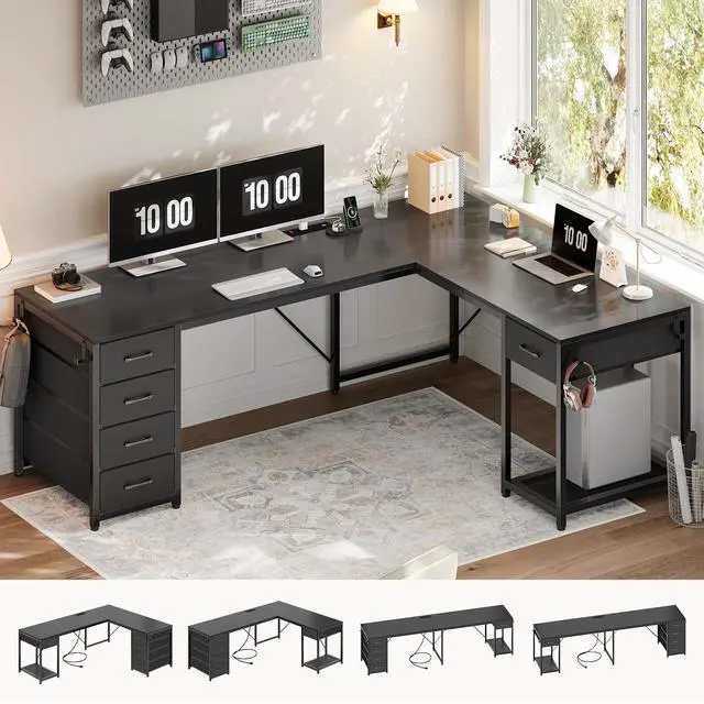 Main image of 57" L Shaped Desk with 5 Drawers, Reversible Computer Corner Desk with Storage & Power Strip for Home Office, 78.7" Long 2 Person Desk, Black