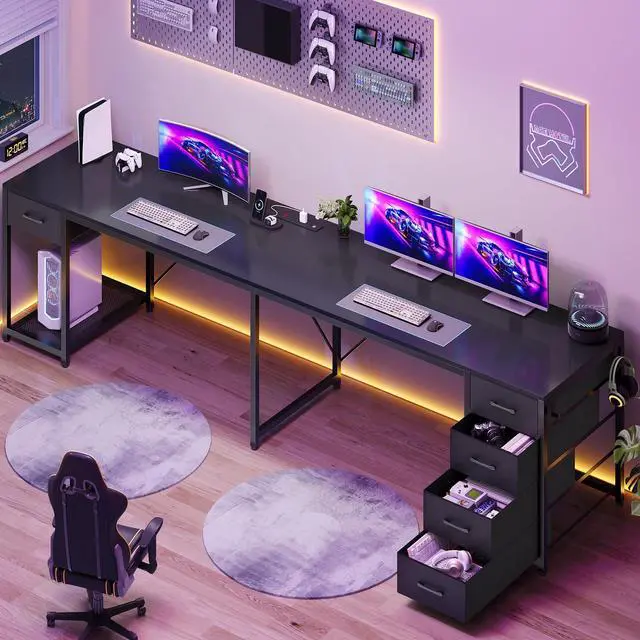 Alt view image 2 of 6 - 57" L Shaped Desk with 5 Drawers, Reversible Computer Corner Desk with Storage & Power Strip for Home Office, 78.7" Long 2 Person Desk, Black