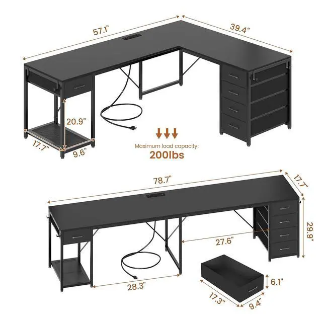 Alt view image 3 of 6 - 57" L Shaped Desk with 5 Drawers, Reversible Computer Corner Desk with Storage & Power Strip for Home Office, 78.7" Long 2 Person Desk, Black
