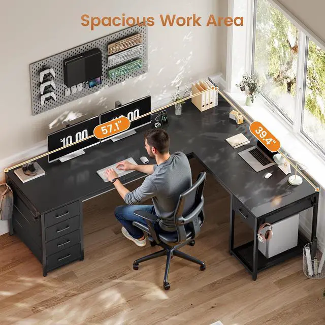 Alt view image 4 of 6 - 57" L Shaped Desk with 5 Drawers, Reversible Computer Corner Desk with Storage & Power Strip for Home Office, 78.7" Long 2 Person Desk, Black