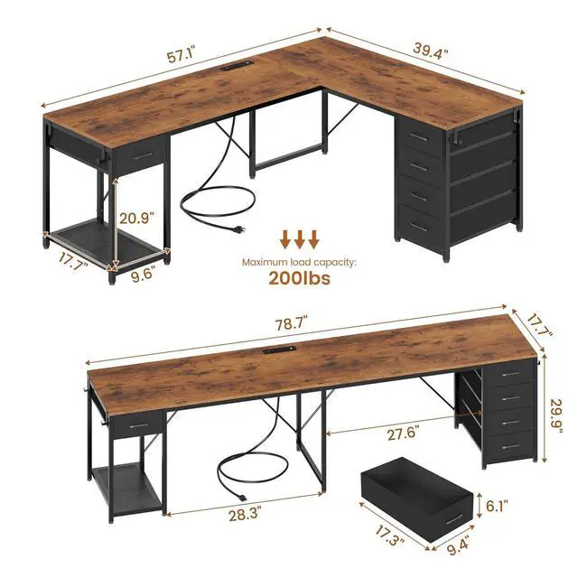 Alt view image 3 of 6 - 57" L Shaped Desk with 5 Drawers, Reversible Computer Corner Desk with Storage & Power Strip for Home Office, 78.7" Long 2 Person Desk, Rustic Brown