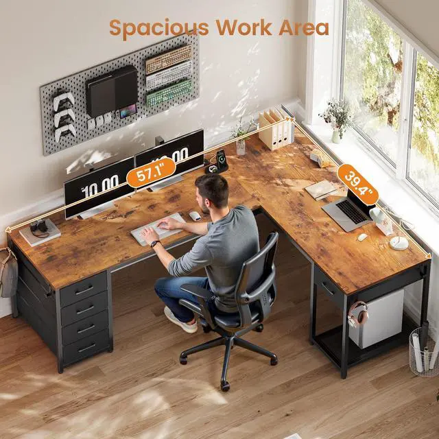Alt view image 4 of 6 - 57" L Shaped Desk with 5 Drawers, Reversible Computer Corner Desk with Storage & Power Strip for Home Office, 78.7" Long 2 Person Desk, Rustic Brown