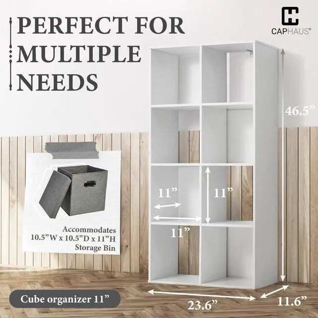 Alt view image 2 of 6 - 11-Inch Cube Storage Organizer Shelf w/Back, with Exterior Edge, Room Storage Shelves Divider, Bookcase, 8-Cube, White